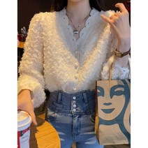 깃털 블라우스 레이스 진주 브이넥 가디건 여리여리 퍼
