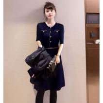 2022 여름 프렌치 금사 라인 포인트 반팔 니트 원피스 하객룩 원피스