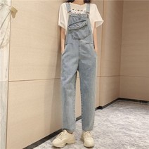 YI MING 여성 데님 멜빵바지 오버사이즈 9부 멜빵 청바지 데님팬츠 F377