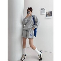 55-88 배색 패치 맨투맨+반바지 트레이닝 상하 세트 2컬러