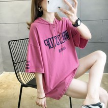 빅사이즈 티셔츠 200 여성의류 0여름 자수 후드 t셔츠 트렌드 와이드 루즈핏 배가리기 상의 466187197