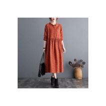 코튼 린넨 캐쥬얼 롱 드레스 S2115 여성용 2022 가을 빈티지 플로랄 프린트 스탠드 칼라 a라인