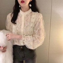 봄블라우스코디 프릴 리본블라우스 년 봄 가을 반폴라 펀칭 레이스 블라우스