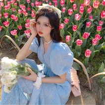 벌룬 퍼프 하늘색 롱 원피스 셔링 잔꽃 쉬폰 드레스