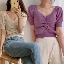 니유컴퍼니 하트넥 스퀘어넥 반팔 퍼프소매 셔링 여성스러운 니트