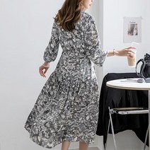 나크21 55 77 허리리본 밑단 플레어 패턴 원피스 NK11-O-82