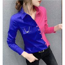 시크해 3151 반반블라우스 여성블라우스 긴팔블라우스 카라블라우스 체인블라우스 포켓블라우스