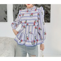큐트블라우스 세라 빅카라 프릴 플라워패턴 블라우스 스트라이프