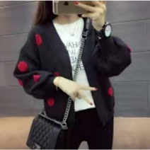 YUEWAN 러블리 퍼프 왕 도트 카디건 니트