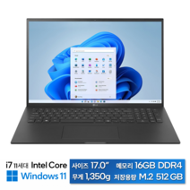 LG그램 17인치 초경량 i7프로세서 11세대 윈도우11 블랙 16GB 512GB 실버 32GB 1TB, 17Z90P, WIN11 Home, 코어i7