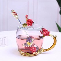크리 에이 티브 블루 로즈 에나멜 크리스탈 티 컵 커피 머그잔 나비 그린 꽃 물 투명 유리 스푼 세트, [13] E