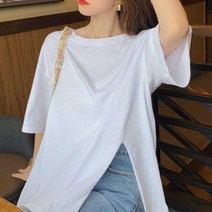 상쾌한 외출 여성 루즈핏 패션 스타일 앞트임 무지 반팔 티셔츠 3월~8월 여성의류