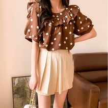 기타브랜드 네쥬 여성 여름 프릴 도트 라운드 예쁜 반팔 블라우스