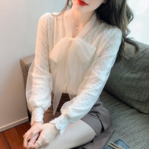 프렌치 도톰 리본 레이스 블라우스 여 디자인 소소한 서양풍 버블 긴팔 상의 추동조