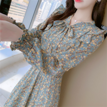 가을 시폰 원피스 프릴 꽃치마 긴 소매 레저 리본넥 롱원피스