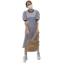 패션디바 여성용 자체제작 캐주얼 퍼프소매 스트라이프 트임원피스