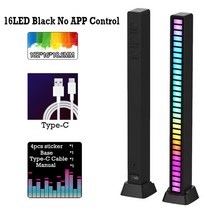 가성비 사운드바 FTOYIN-LED 음악 리듬 조명 C 타입 내장 배터리 RGB 사운드 램프 앱 제어 LED 라이트 바 호환, 02 16led Black USB