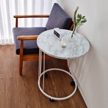 [홈퍼니] 비앙카 이동식 원형 협탁 사이드 테이블, 화이트대리석