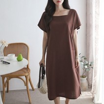 oshu / 여성 깔끔 스퀘어넥 베이직 심플 린넨 면 롱원피스