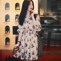 데일리 빈티지 베이지 플라워 쉬폰 허리밴딩 원피스