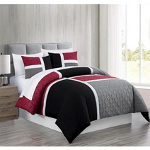 Chezmoi Collection Bernard 7피스 풀 베드 인 어 백 이불 세트 시트 포함 - 경량 블루 블랙 그레이 패치워크 퀼트 메달리온 침구 사계절용 320048, Red/Gray/Black_King