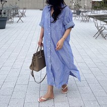 [비비애르] 스트라이프 롱 셔츠 카라 반팔 원피스 오버핏 시원한 심플 여름원피스 빅사이즈