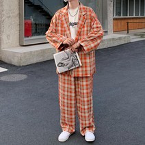 캐주얼 양복 세트 남성 가을 항풍 ins 루즈핏 체크 양바지 트렌드 코트 디자인감 두 벌