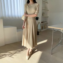 [리엘라] 나브런 캐시 울 보트넥 플레어 롱 원피스