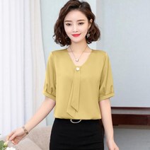 [뽐나] 여성 빅사이즈 브이넥 빅 진주 장식 끈 포인트 민무늬 주름 모던 스타일 블라우스