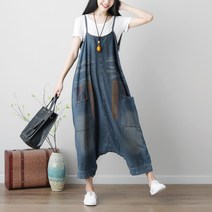 프린트 루즈 여성 빈티지 와이드 레그 빕 데님 롬퍼 진 빅 포켓 드롭 크로치 오버올 봄