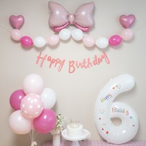 연지마켓 생일풍선 생일파티용품 리본풍선 숫자세트, 핑크리본 화이트세트 6