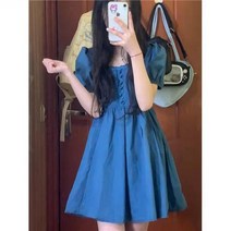 여름 새로운 프랑스 복고풍 세련된 달콤한 외국 스타일 나이 감소 버블 소매 레이스 스퀘어 칼라 블루 드레스 여성