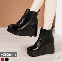 도오빠 여성 가죽 털 부츠 앵클부츠 키높이 8cm 기모 안감 통굽 하이힐 빅사이즈 265mm 레이스업 웨지힐 발편한 신발 워커 방한 여자털부츠