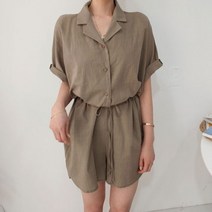 [더라이크] 1019점프슈트 무지 린넨 카라 단추 반팔점프수트