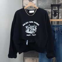 상상그이상 여성용 국내제작 비긴어게인 맨투맨 세미 크롭기장 유니크한 프린팅 포인트 가성비 좋은 간절기 캐주얼한 데일리 맨투맨 티셔츠