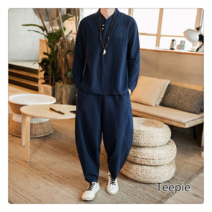 티피/Teepie 린넨 긴팔 티셔츠 세트 남성 봄가을 빅 사이즈 자수 루즈핏 면마 세트