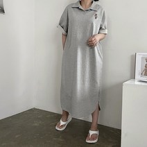 [비비애르] 반팔 곰돌이 자수 카라 피케이 롱 원피스 pk 오픈카라 캐주얼 테디베어 여름 러블리코디