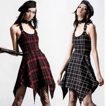 블랙 레드 체크 고딕 펑크 민소매 서스펜더 원피스