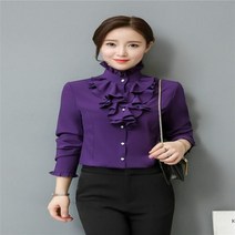 프릴 장식 바디 스탠드 칼라 레이스 화이트 블라우스