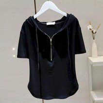 여자 후드 반팔 티 드로스트링 티셔츠 여성 캐주얼 상의 하프지퍼 여름철