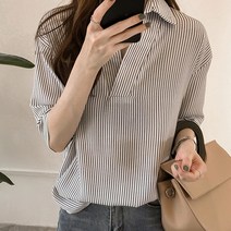 스타일아유 여성 여름 스트라이프 트임넥 7부 반팔 셔츠 블라우스