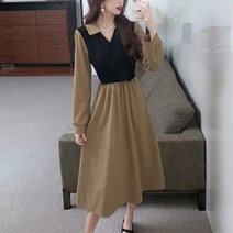 넷투넷코리아 여성 롱 원피스 캐주얼 a라인 플레어 밴딩 카라 긴팔