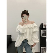 일자 어깨 프릴 퍼프소매 화이트 셔츠 여 봄가을 디자인 소소한 프렌치 오프숄더 상의