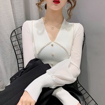 가을 새로운 스타일 한국식 골드 실크 작은 스퀘어 칼라 웨스턴 쉬폰 소매 스웨터 여성용 풀오버 탑