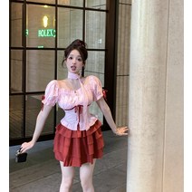 순욕 스윗 스파이시 스트라이프 셔츠 케이크 스커트 세트 여 여름 절미 투피스