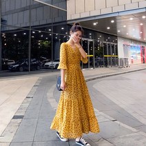 쉬폰 허리 스트링 롱원피스 원피스 여름 여성 브이넥 프렌치 빅 스커트 기질 슬림