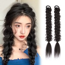하이유니 땋은머리 브레이드 헤어 트윈테일 머리끈 부분 가발 45cm, 네츄럴블랙 / 2피스 - 1세트, 1개