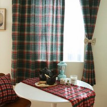 1300K 작은창 커튼 그린 크리스마스 체크 가로85cm x 세로125cm