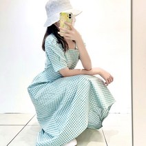 스퀘어넥 체크 허리스트랩 퍼프소매 원피스