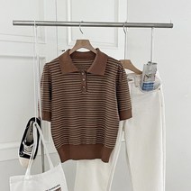 에이미 여성 카라넥 반오픈 스트라이프 반팔 니트 티셔츠 DGB-WKN-2468-모카